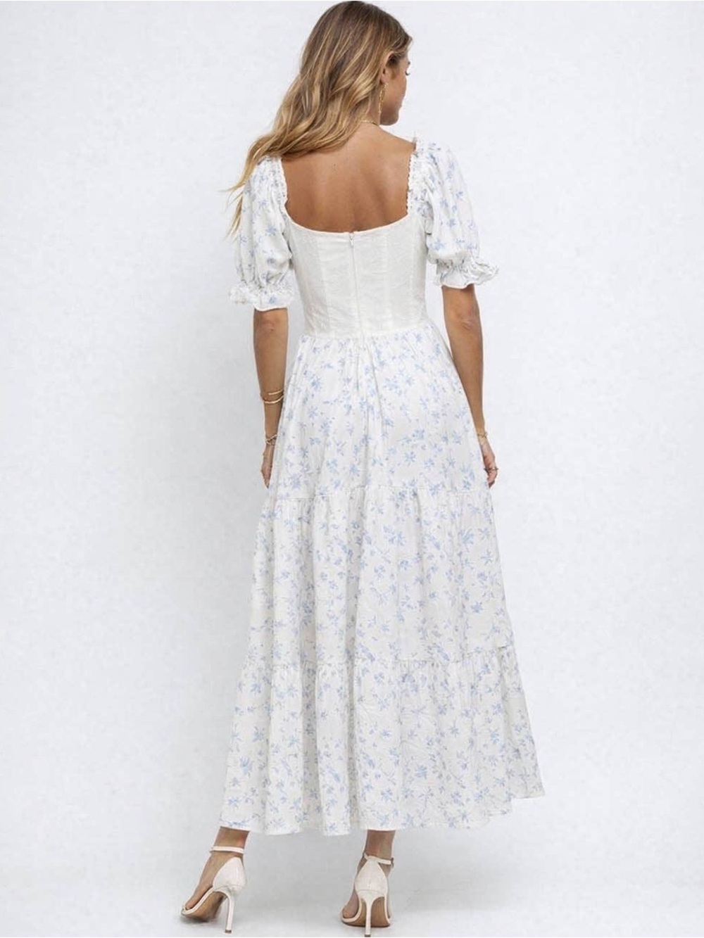 Ladies Romantic Floral Print Corset Puff Sleeves Midi Dress - Picture 3 of 7